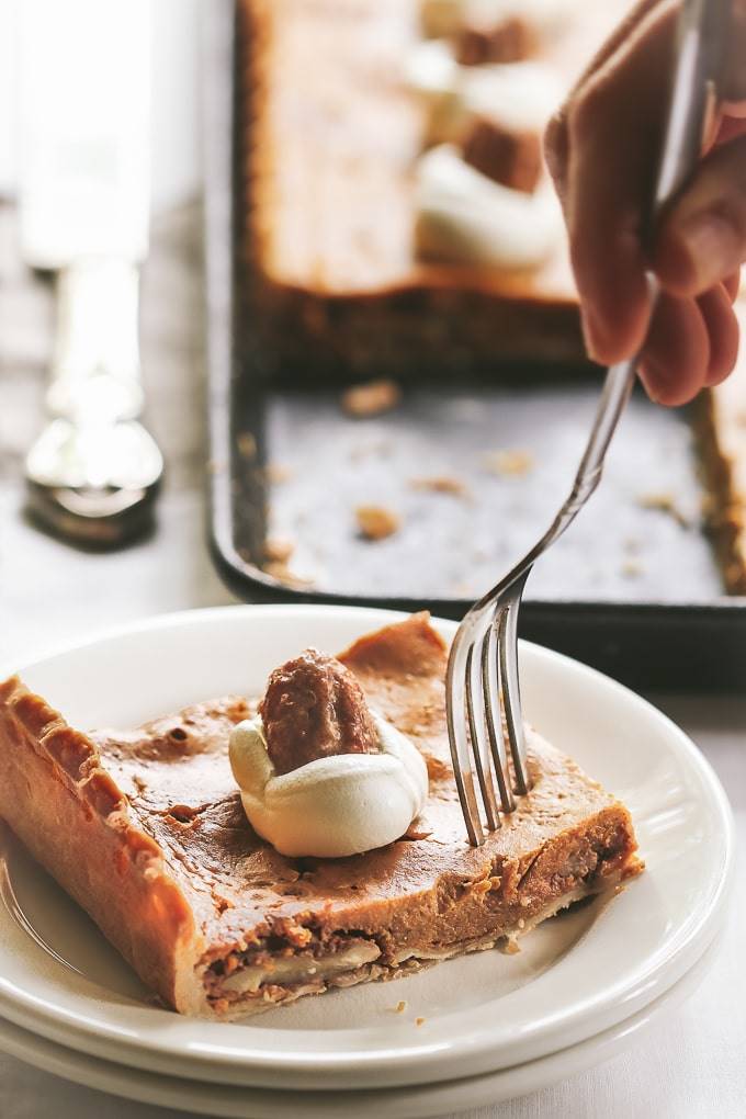 pumpkin slab pecan pie featuring candied pecans