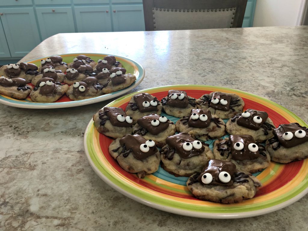 Halloween spider cookies made with toffee or chocolate pecans
