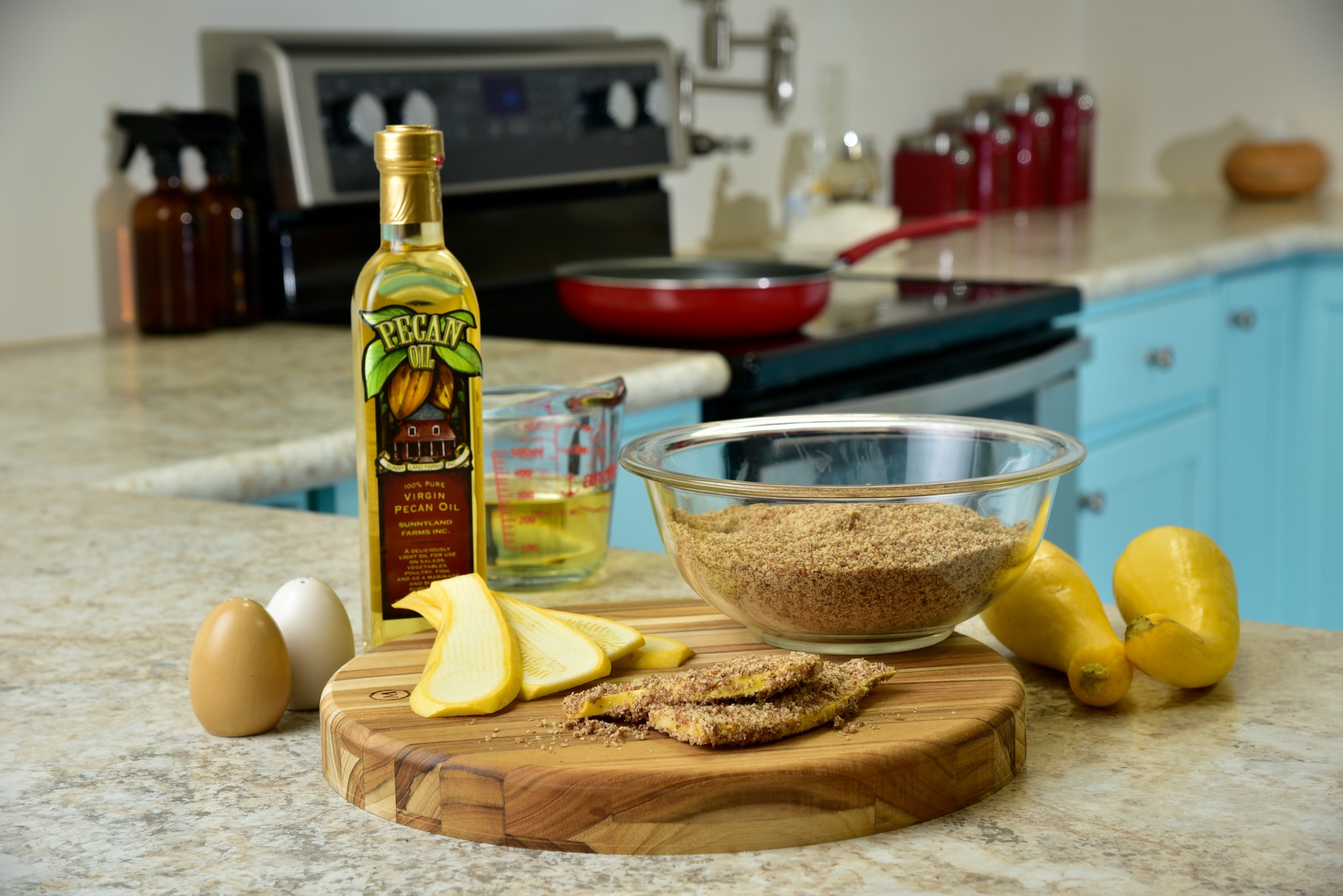 Ingredients for pan seared summer squash on a kitchen counter